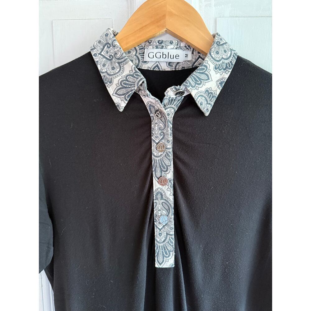 GGblue Vintage Black Polo Shirt - Paisley Trim - Size M - Made in SF - Picture 3 of 6